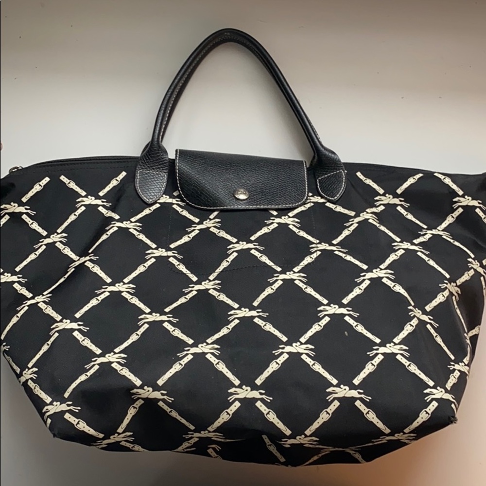 Longchamp Short Strap Handbag Black w/ white horse